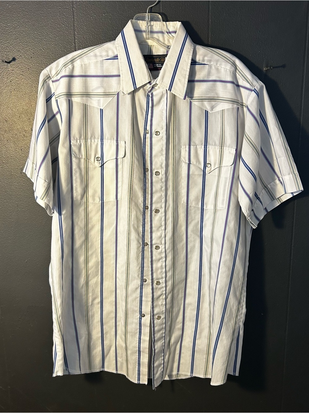 Panhandle Slim White Short-Sleeve Button-Down with Blue Stripes